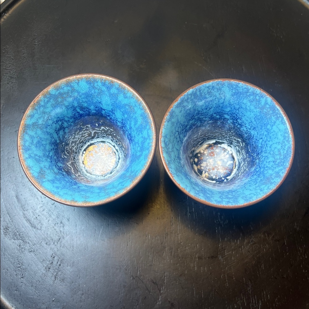 Vintage Signed Serge Nekrassoff Hand Hammered Blue Enamel on Copper Cups / Pots